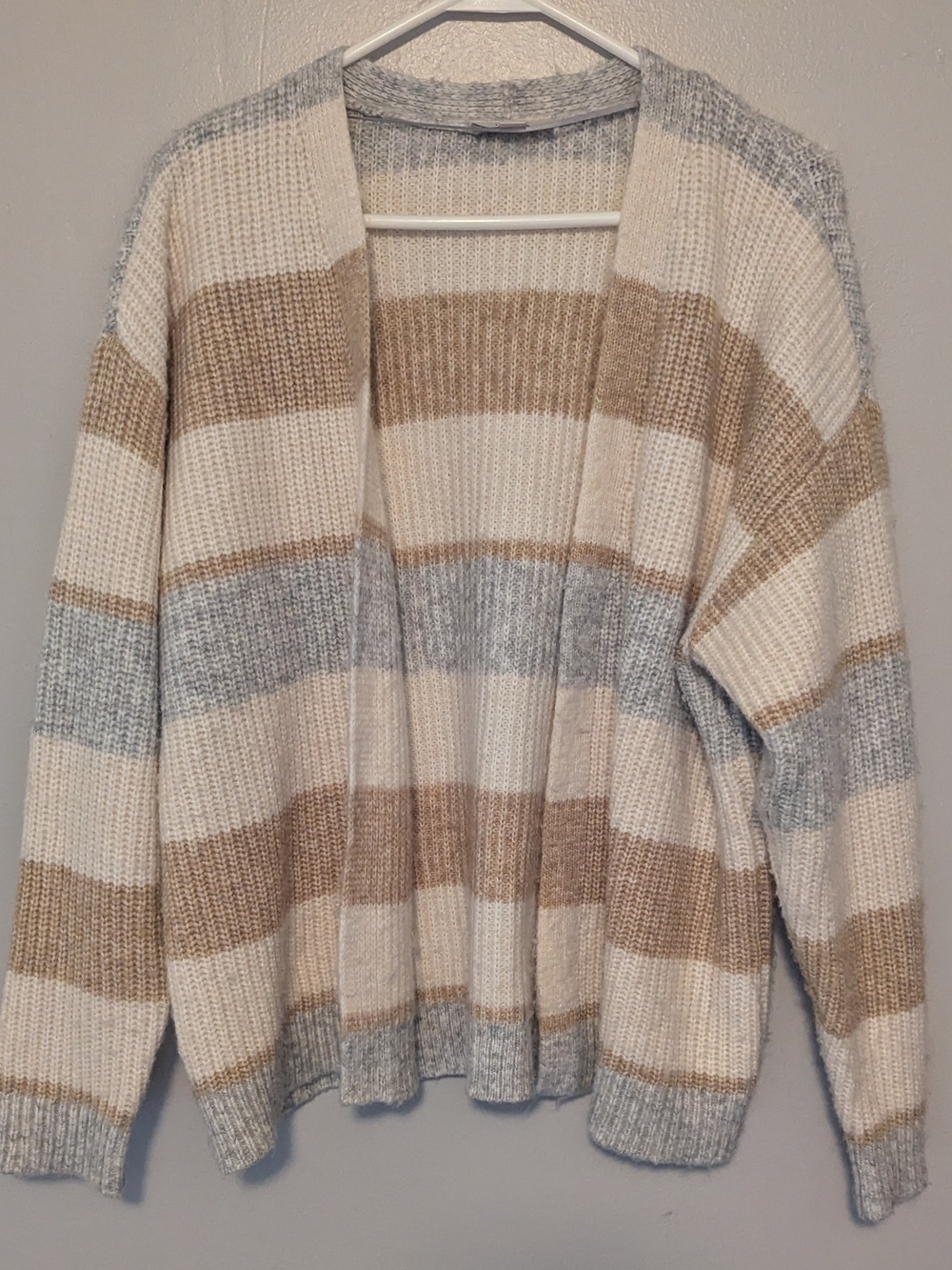 LOFT Striped Open-Front Cardigan in Cream, Tan & Light Gray